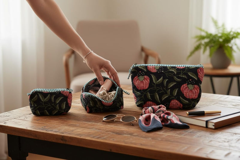 Cotton Hand Block Floral Print Toiletry Bag For Women Make Up Cosmetic Bag Jewelry Organizer Kit Storage Bag Case Travel Accessories Essentials Toiletries Purse Open Pouch set of 3 gift of her