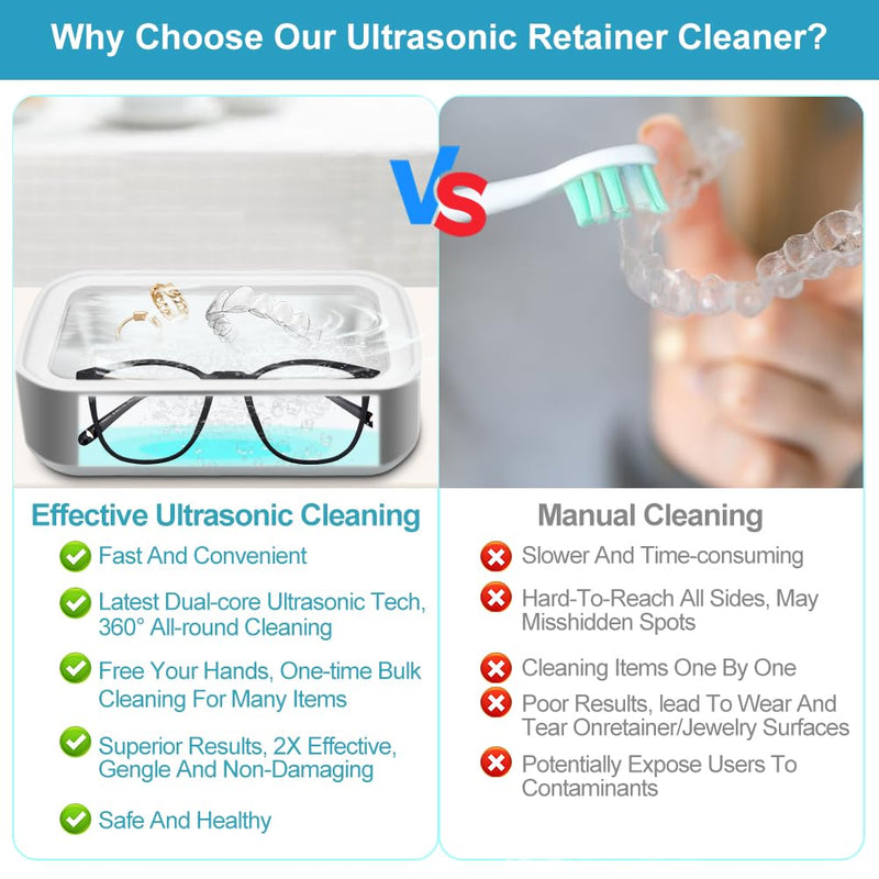 [Australia] - Ultrasonic Retainer Cleaner for Tooth，50KHz Jewelry Cleaner Deep Cleaning Machine -650ML Dental Cleaning Pod for Dentures/Mouth Guards/Eyeglasses-3 Timers -Stainless Steel, Reliable Use 