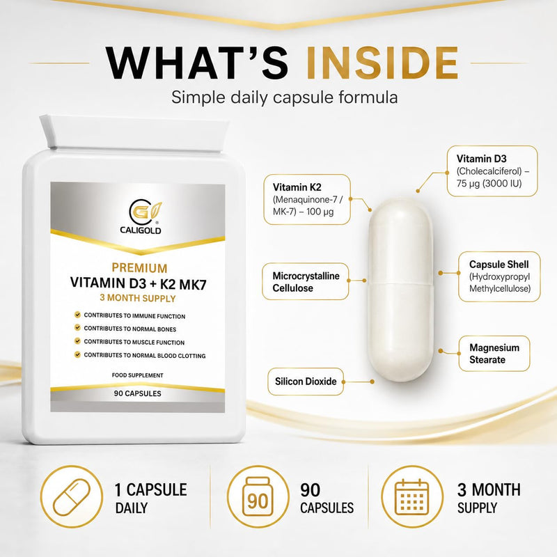 CaliGold Vitamin D3 3000iu & K2 100ug (MK7) – 90 Vitamin D3 K2 Vegetarian Capsules – Supports Normal Bones, Muscles, Teeth and Immune System – Cholecalciferol & Menaquinone-7