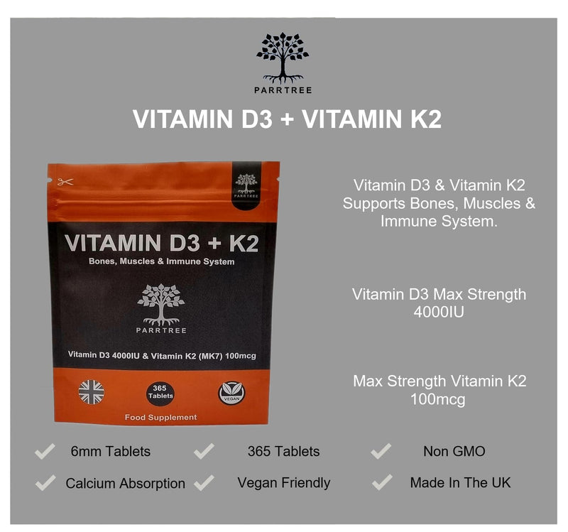 Vitamin D3 & Vitamin K2 (MK7)- 365 Tablets 1 Year Supply - High Strenght Vitamin D3 4000 iu & Vitamin K2 100ug Supplement- UK Made