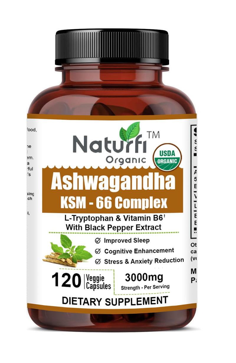 Naturfi Organic Ashwagandha KSM 66 Complex – 3000mg Enhanced with L-Tryptophan & Vitamin B6 (4 Month Supply) – Ashwagandha High Strength Capsules with 250mg Extract (360 Capsules (Pack of 3)) 360 Capsules (Pack of 3)