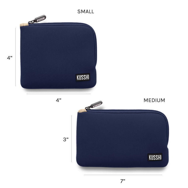 2pc Neoprene On-The-Go Pouch Set - Passport Holder and Travel Zipper Makeup Pouch for Purse - Small Purse Pouch for Organization, Electronics, Glasses & Valuables (Navy/Khaki) Navy/Khaki