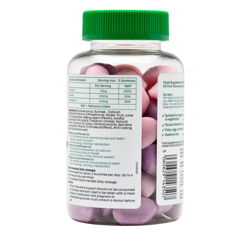 Chewy Vites Adult Bone Support 50 Vitamin Gummies, 400mg Calcium Gummies with 20 mcg Vitamin D3, for Bones, Teeth & Muscle Function, 2-a-Day, Vegan, Mix of Wild Cherry and Strawberry Flavour