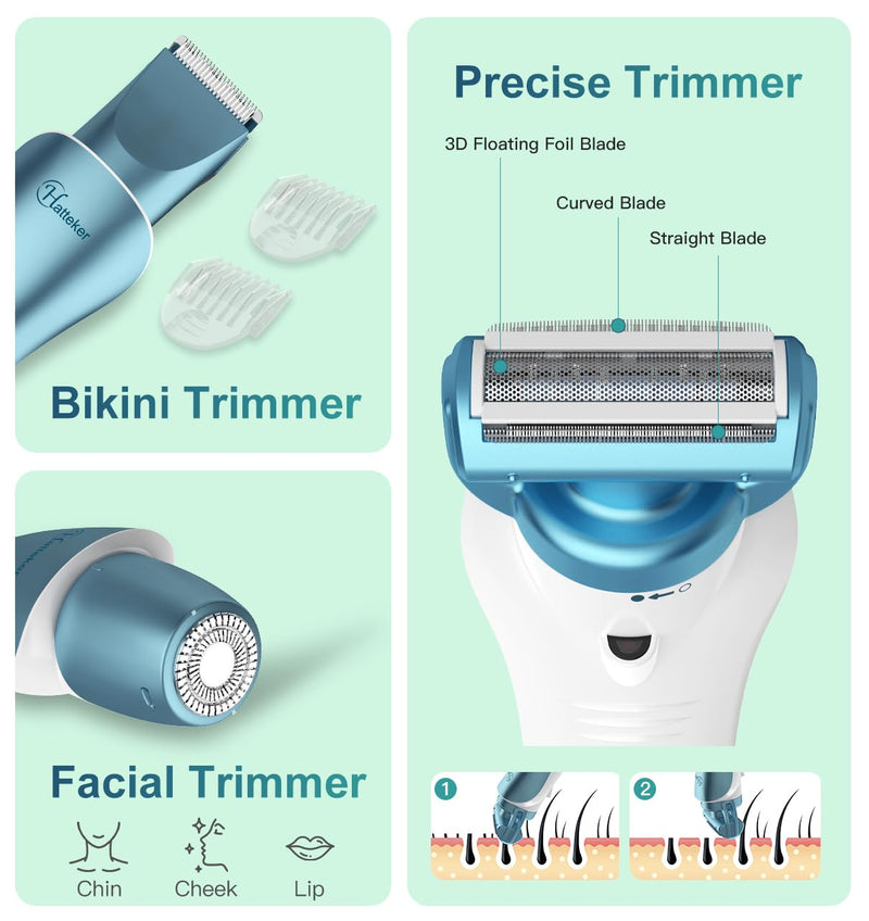 Hatteker Women's Electric Shaver Bikini Trimmer Hair Trimmer for Women Electric Razor for Legs Bikini Underarm Public Hairs Led Display IPX7 Waterproof Gift for Women (Blue) Blue