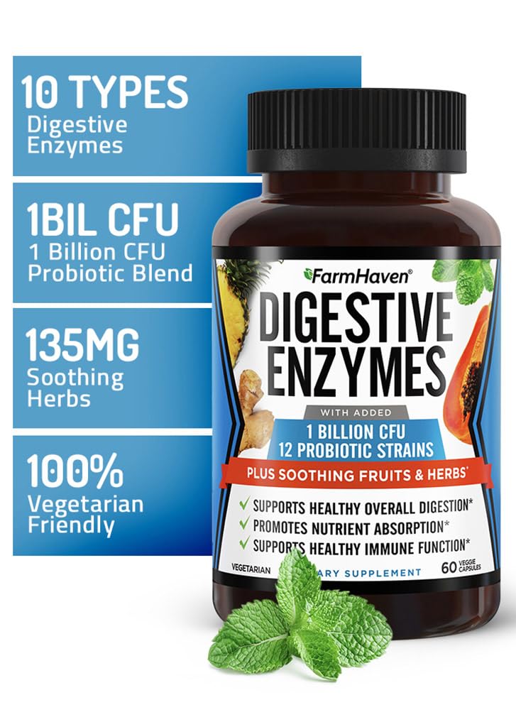 FarmHaven Digestive Enzymes with 18 Probiotics & Herbs, 180 Capsules | Papaya, Bromelain, Protease & More for Lactose Absorption and Better Digestion - Helps Relieve Bloating, Gas and Constipation
