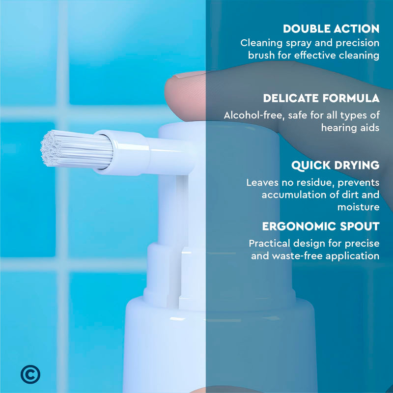 Hearing Aid Cleaning Udinett Spray with Included Brush 100ml - Eliminates Bacteria and Earwax Dust Quick Drying Sanitizer for Daily Cleaning - Earmolds Replacement Domes Earplugs