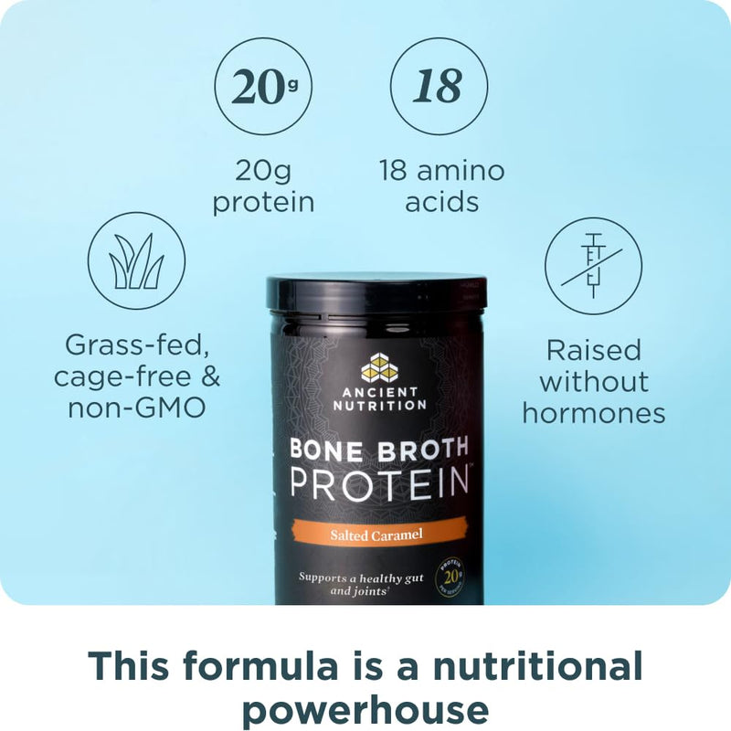 [Australia] - Ancient Nutrition Bone Broth Protein Powder, Salted Caramel, 19g Protein per Serving, Beef, Supports Healthy Skin, Gut Health, Joint Supplement, Gluten Free, Paleo and Keto Friendly, 20 Servings 