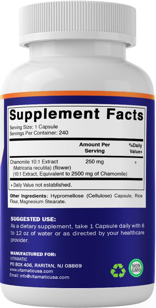 [Australia] - Vitamatic Chamomile 2500 mg Equivalent Per Serving (from 250 mg of 10:1 Extract) - 240 Veg Capsules - Non-GMO & Gluten Free 