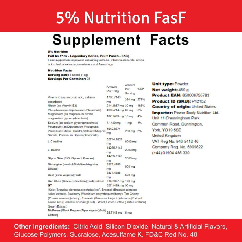 5% Nutrition Full As F Overdosed Nitric Oxide Booster, Stim-Free Pump Pre-Workout | Massive Pumps Strength Gains & Endurance | L-Citrulline, Nitrosigine, Danshe | 350 g (350 g, Fruit)
