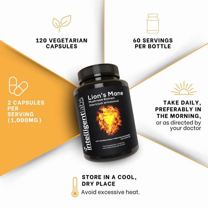 Intelligent Labs Lion’s Mane Mushroom Extract, from the Fruiting Bodies of Hericium Erinaceus, 1000mg per Serving, 120 Capsules, Mycelium and Grain-Free