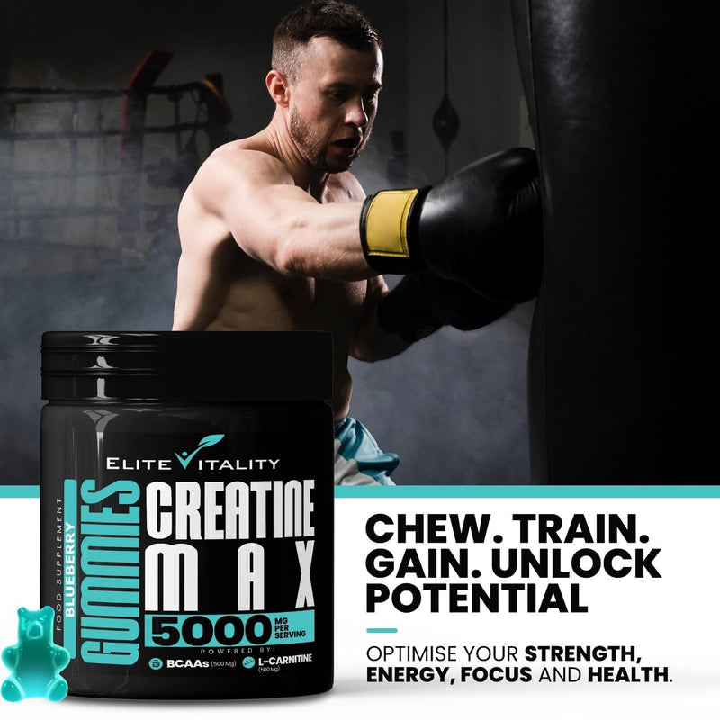 Creatine Monohydrate 90 Gummies 5000mg + BCAAs & L-Carnitine – 3rd Party Lab Tested, Vegan, Sugar-Free, Pre Workout Muscle Growth & Recovery Gym Supplement for Men & Women – Tangy Blueberry Blast