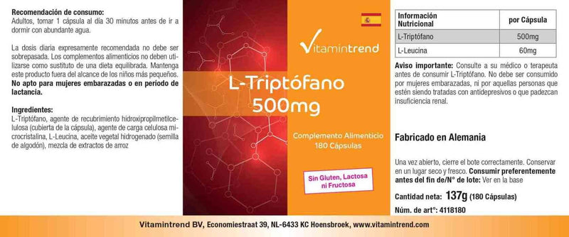 [Australia] - L-Tryptophan 500mg - 180 capsules - vegan - bulk pack for 6 months | Vitamintrend® 