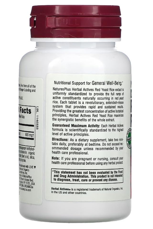 [Australia] - Natures Plus Herbal Actives Red Yeast Rice, Extended Release - 600 mg, 60 Mini Tablets - Herbal Supplement - Vegan, Vegetarian, Gluten-Free - 30 Servings 60 Count (Pack of 1) 