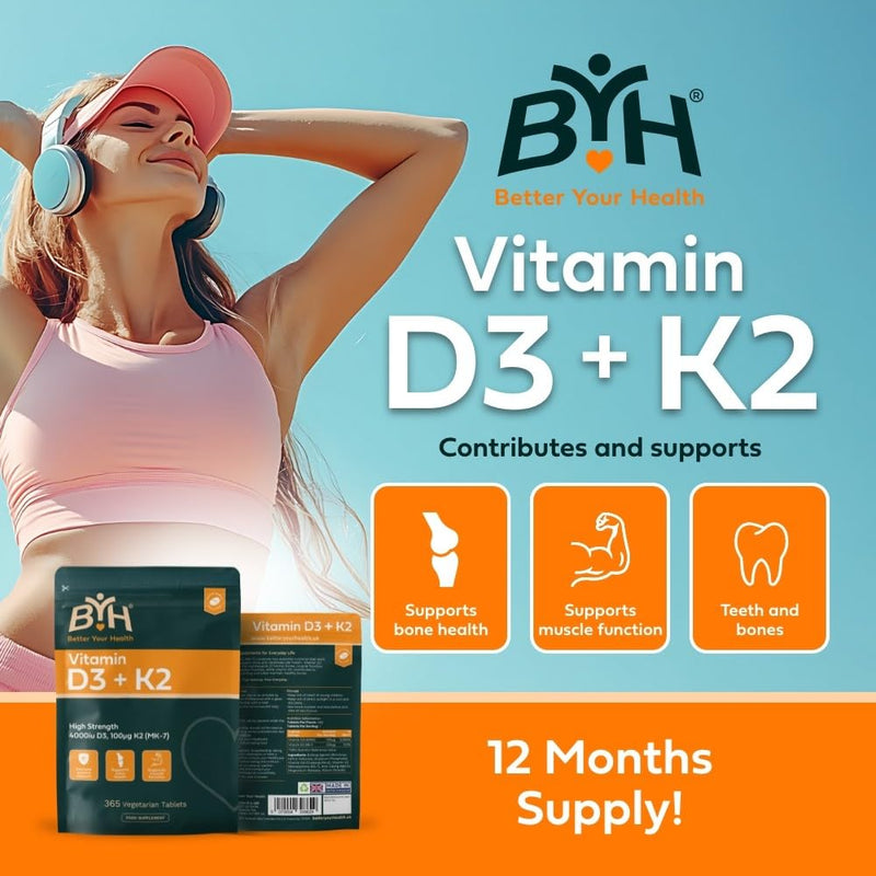 Vitamin D3 4000 IU + Vitamin K2 MK7 100μg High Strength Bone Health Immune Support Small Easy Swallow Tablets 365 Tablets Vegetarian 1 Year Supply UK Made Letterbox Friendly