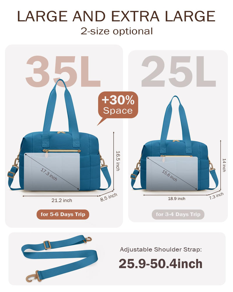 Tuwubi Travel Duffel Bag, Puffer Gym Bag for Women Weekender Overnight Bags, Carry On Luggage Tote Hospital Bag for Women Labor Delivery with Toiletry Pouch(Tale Blue, L) Tale Blue Large
