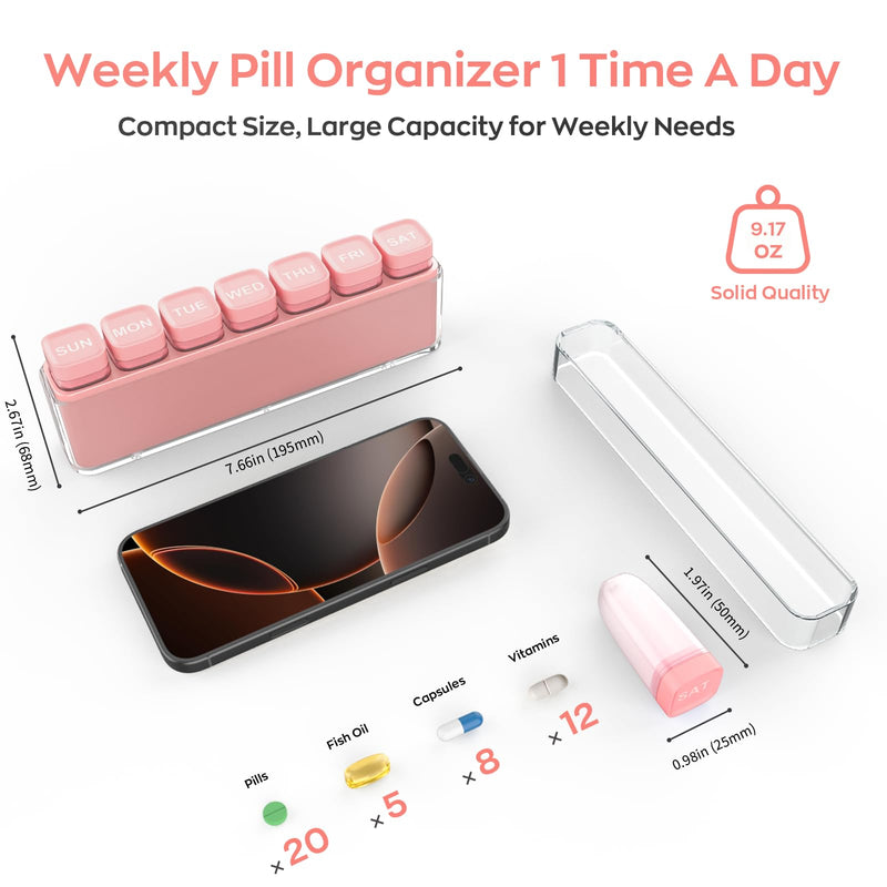 HIONXMGA Weekly Pill Organizer, Detachable 7-Color Pill Box, Easy Tracking | Portable Travel Pill Case Container for Daily Vitamin Supplement Fish Oil, Silicone-Seal, Lasting Labels, Quick Fill (Pink) Pink (Pink)