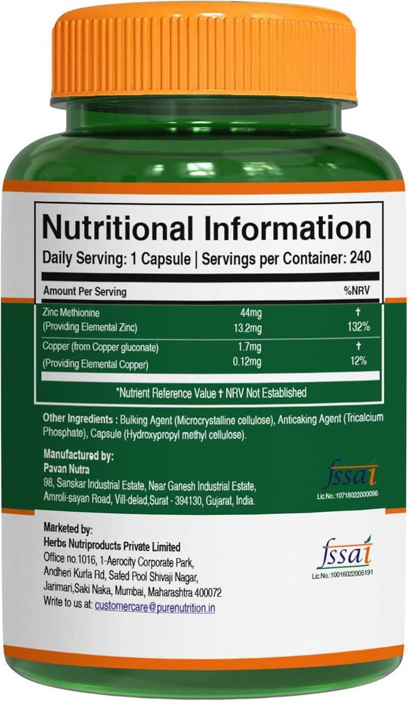 Pure Nutrition Zinc Methionine | 240 Veg Caps | Supports Immunity