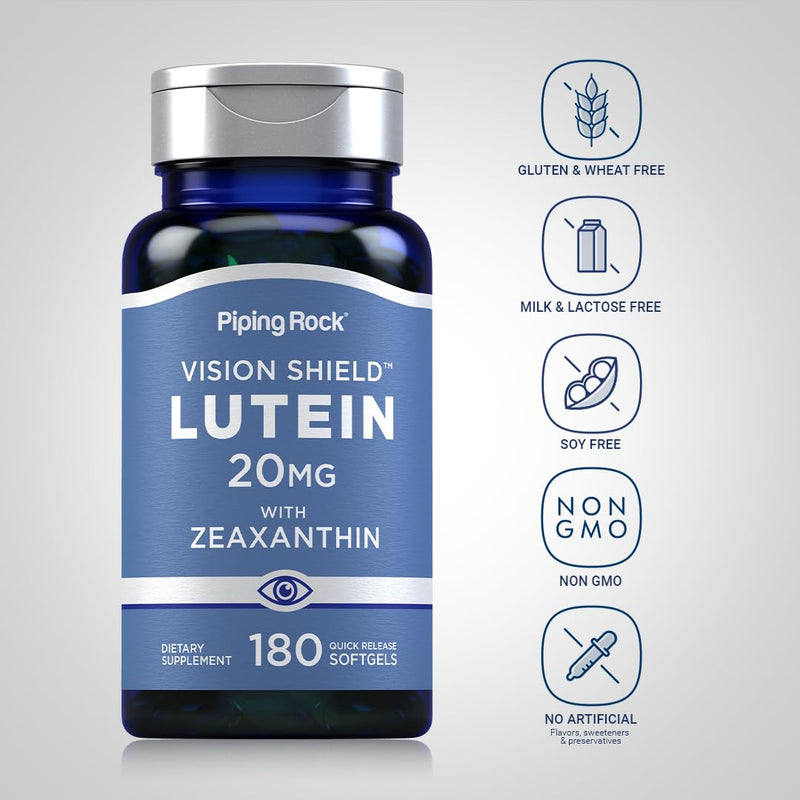 [Australia] - Piping Rock Lutein and Zeaxanthin Supplements | 20mg | 180 softgels | Eye Vitamins | Non-GMO, Gluten Free 180 Count (Pack of 1) 