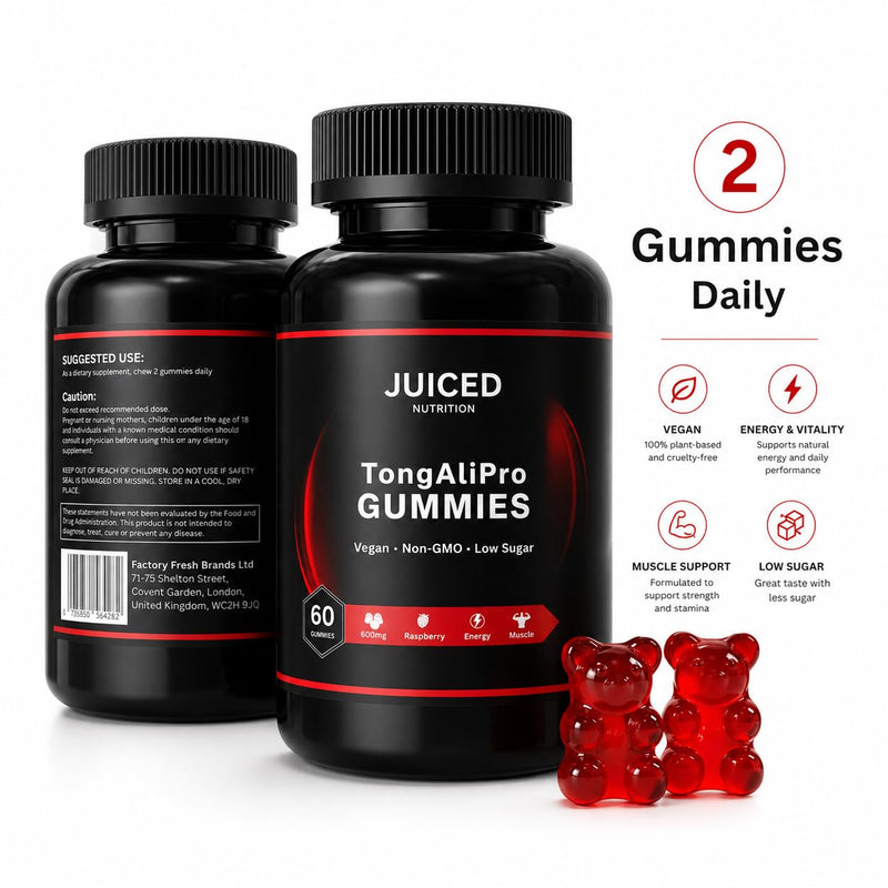 TongAliGummies - 60 Gummies Raspberry Flavour - with Added Tribulus Terrestris - 200:1 TongAliRoot High Strength Plant Extract - Gummies for Energy and Vitality