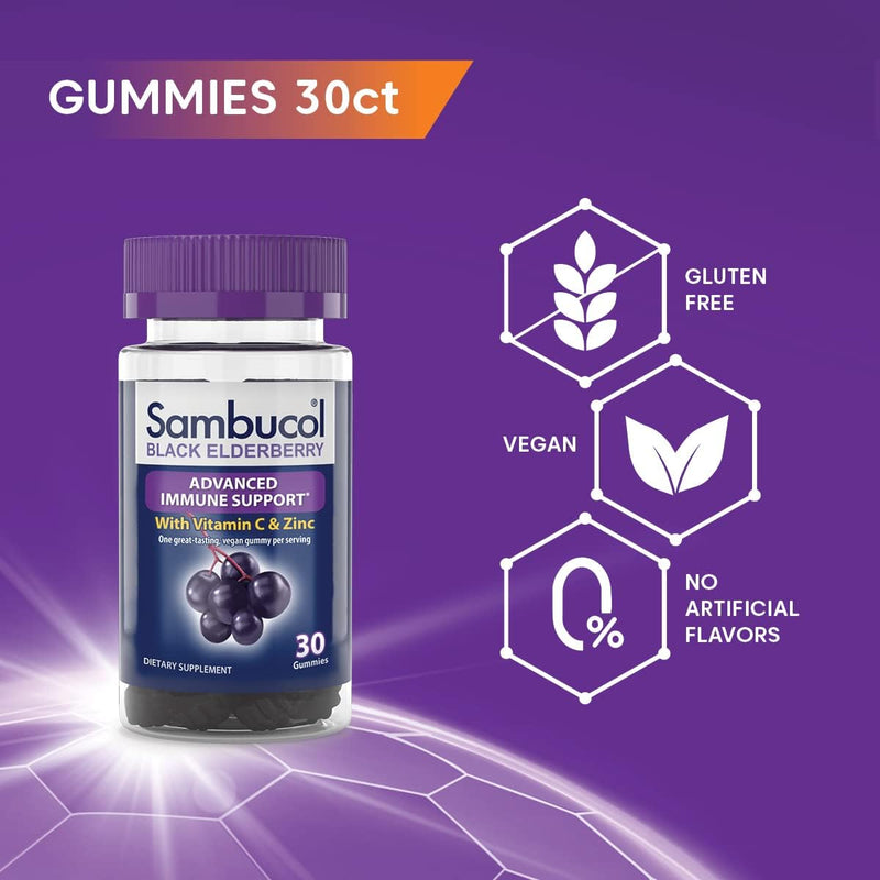 [Australia] - Sambucol Black Elderberry Gummies - Elderberry with Zinc and Vitamin C for Adults, Sambucus Elderberry Gummies, Immune Support Gummies - 30 Count 30 Count (Pack of 1) 