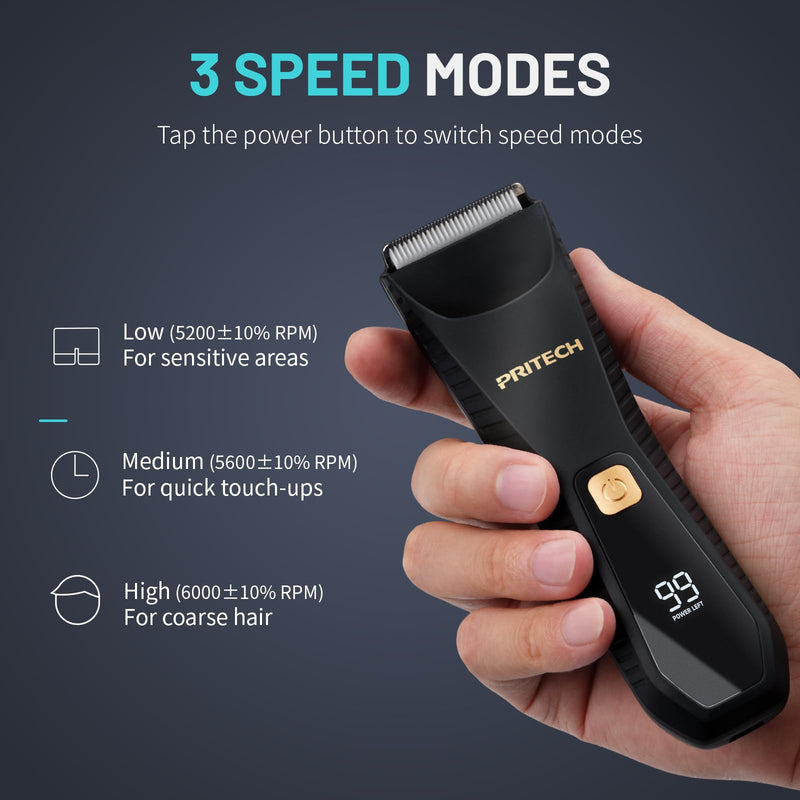 PRITECH Pubic Hair Trimmer for Men - Waterproof Body Hair Trimmer, Ceramic Blade Body Shavers for Men with USB-C Charging, Wet & Dry Use & Nick-Free Design, Balls & Sensitive Skin Safe (Black)