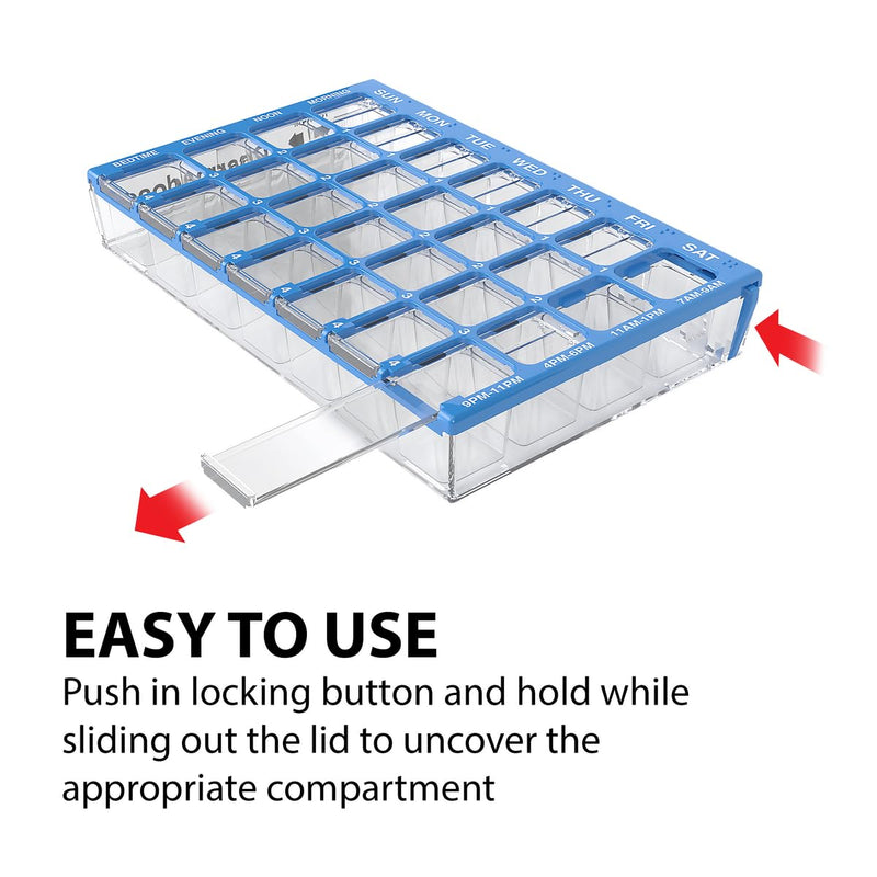 Ezy Dose Pharmadose Weekly 7-Day, 4X/Day Pill Organizer, Blue, Small | 28 Small Compartment Pill Case, Medicine Planner, Vitamin Organizer with Easy Fill Tray, BPA Free Small 6.25"x4"x1" (Pack of 1)
