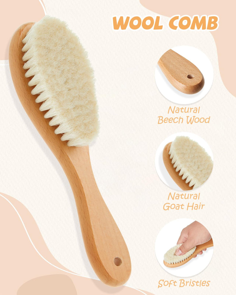 [Australia] - Lictin Baby Hair Brush and Comb Set, 4 Pcs Newborn Hair Brush with Soft Bristle, Natural Goat Hair and Wood Baby Cradle Cap Comb for Newborns & Toddlers, Newborn Baby Essentials, Perfect Registry Gift 
