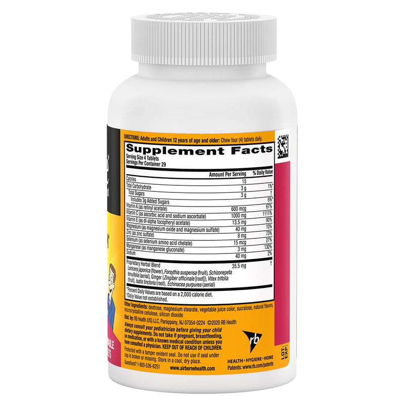 [Australia] - Airborne 1000mg Vitamin C + Zinc Immune Support Supplement Chewable Tablets, Very Berry Flavor with Powerful Antioxidants Vitamins A C & E, 116 Chewable Tablets (2 Pack) 116 Count (Pack of 2) 