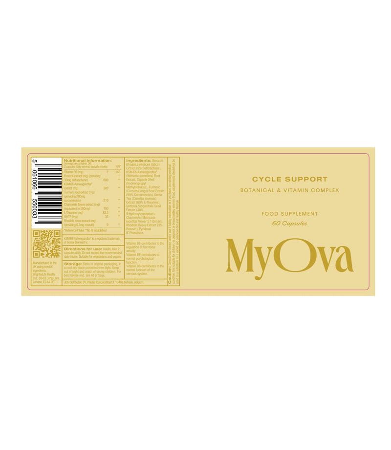 MyOva Cycle Support - Natural PMDD Supplement for Women - Vitamin B6, Broccoli Extract, Ashwagandha and L-Theanine - 24 Essential Cycle Support Vitamins - 60 Vegan Capsules - UK Manufactured