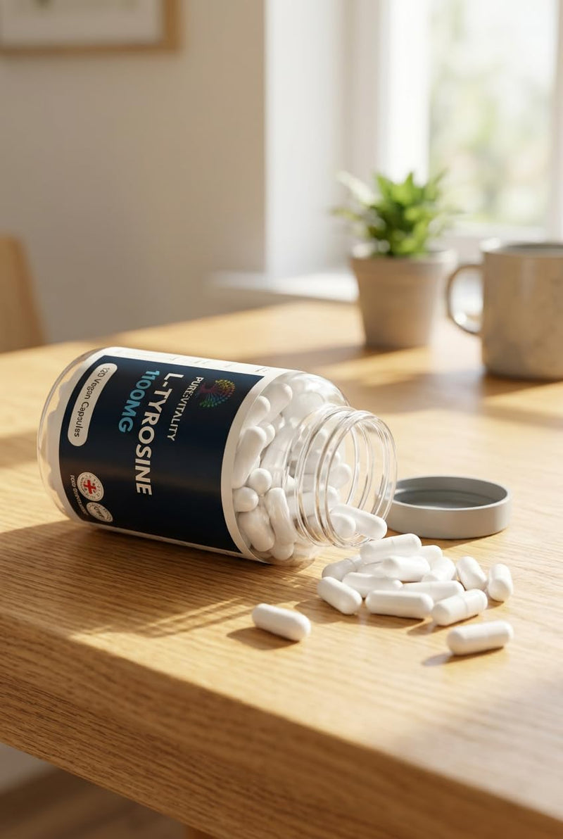 Pure Vitality | L-Tyrosine Supplement 1100mg - Free Form Amino Acid - 120 Vegan Capsules - Fermented High Strength L Tyrosine Supplement - No Artificial Preservatives