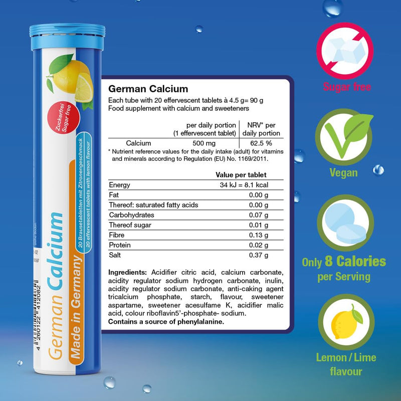 German Calcium 60 Drink Effervescent Tablets - Lemon Lime Flavour - 500 mg Calcium, Sugarfree, Vegan- T&D Pharma – Made in Germany 60 count (Pack of 1)