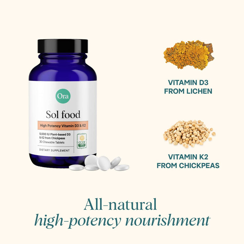 Ora Organic Vitamin D3 5000IU + K2 - Vegan Vitamin D from Lichen and K2 from Chickpeas for Bone Health, Immune Support, & Mood, Maximum Absorption - 1 Month Supply, 30 Chewable Tablets (Pack of 2) 1 Count (Pack of 60) Organic Tablets - 5000 IU