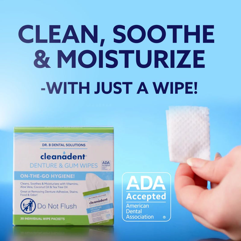 [Australia] - Dr. B Dental Solutions Cleanadent Dental Wipes, Denture Cleaner Removes Adhesives, Food, Stains, and Odor 30 Count Pack of 2 60 Count (Pack of 2) 