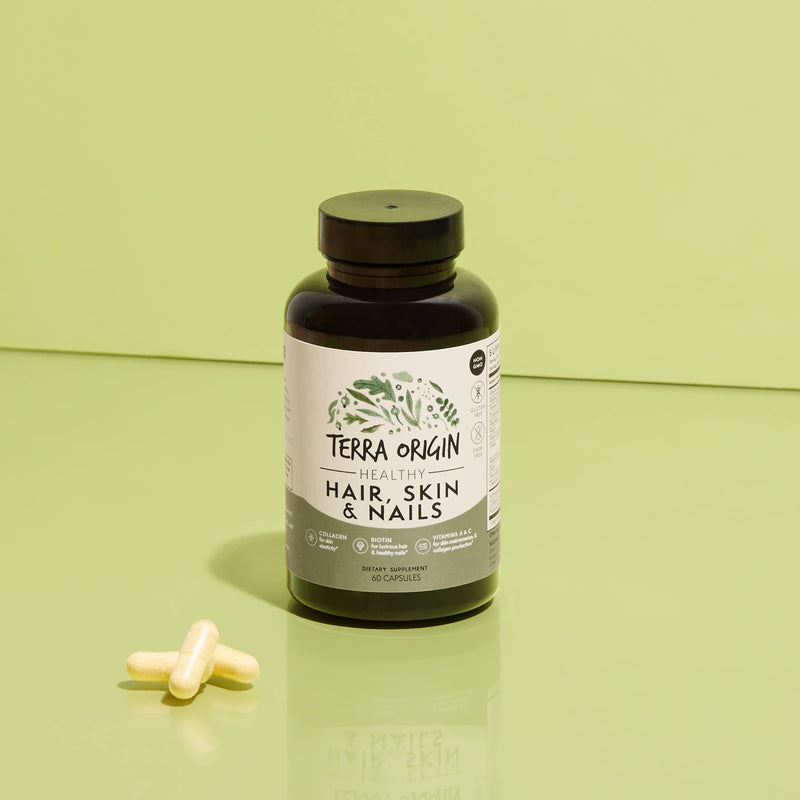 TERRA ORIGIN Healthy Hair, Skin and Nails Supplement | Collagen, Biotin, Horsetail & B-Complex | Supports Hair Strength, Skin Elasticity & Nail Growth | Vitamins for Women and Men | 60 Capsules