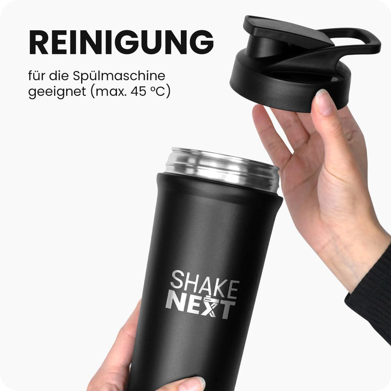 [Australia] - ShakeNext® stainless steel shaker [NEW INTRODUCTION] - Drinking bottle with mix ball 700ml, fitness shaker and protein shaker with leak-proof pressure cap, patented design (black) black 