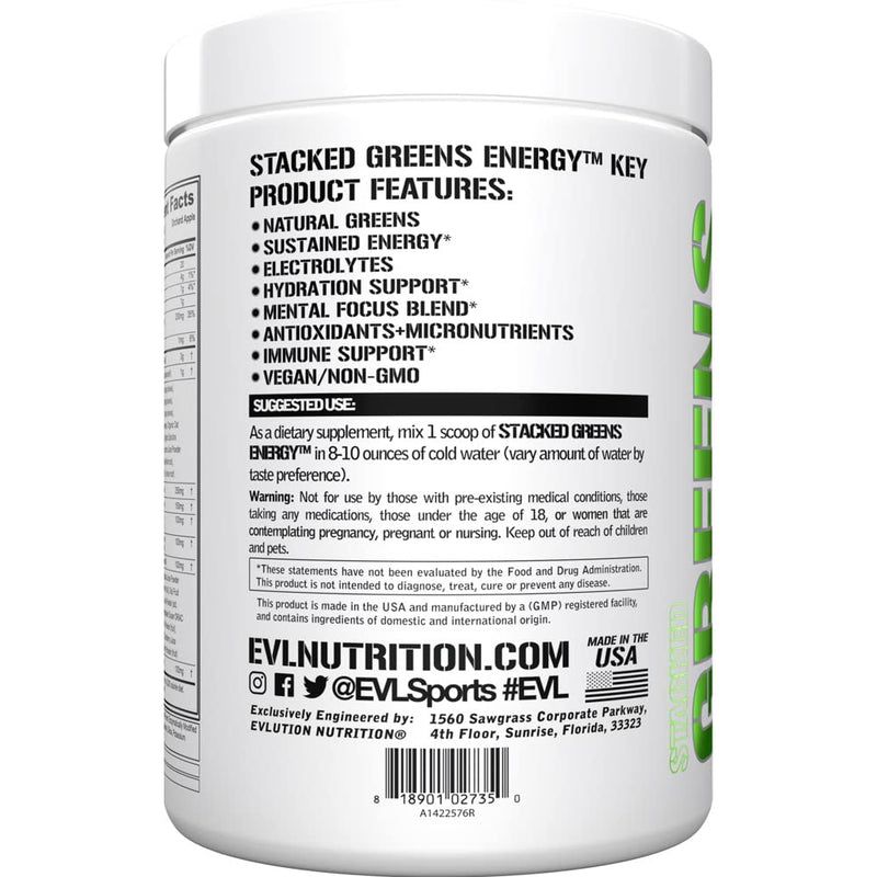 [Australia] - Greens and Superfoods Energy Drink Powder - EVL Super Greens Powder Smoothie Mix with Caffeine Spirulina Chlorella and Wheat Grass - Vegan - for Energy Focus and Immunity 7.3 Ounce (Pack of 1) 