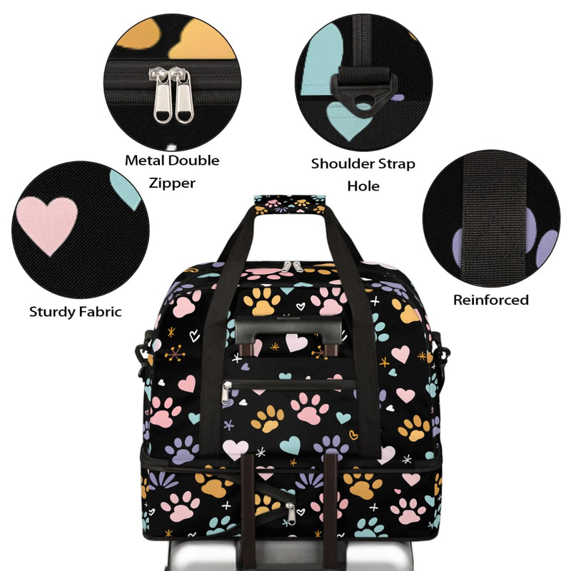 Weekender Bag for Women Man, Paw Prints Foldie Travel Duffel Bag with Shoe Compartment, Carry on Overnight Bag Sports Gym Bag for Airplanes Yoga Dance Beach Swim Hospital A-007