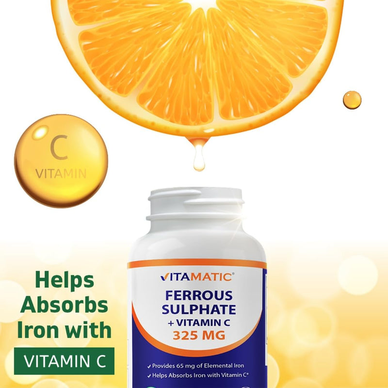 Vitamatic Ferrous Sulfate 325 mg with Vitamin C 100 mg (65 mg Elemental Iron) – High Potency Iron Supplement – No Artificial Colors – 250 Coated Tablets, Made in USA - 2 Pack