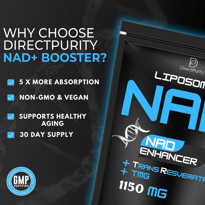 Direct Purity NAD Supplements – 1150 mg Healthy Aging Liposomal NAD with Trans Resveratrol TMG and Piperine Blend Supports Cellular Health DNA Repair Energy and Metabolism – 60 Vegan Capsules