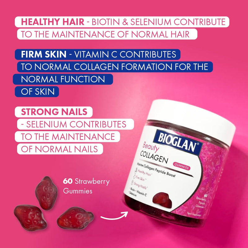 Bioglan Collagen Gummies | 1000mg | Hydrolysed Marine Collagen | Biotin | Selenium & Vitamin C | Strawberry Flavoured | 60 Gummies Single