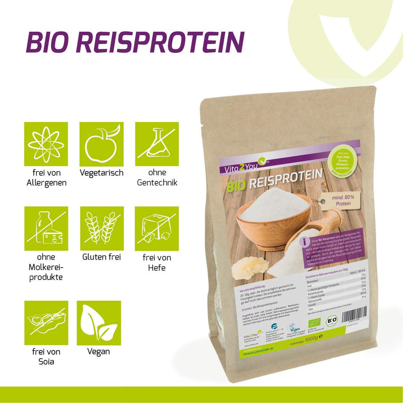 [Australia] - Vita2You organic rice protein 1kg - organic farming - 85% protein - vegan protein - gluten free - rice protein isolate - 1000g - premium quality 