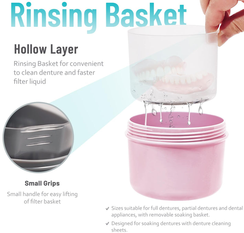 Denture Case with Denture Brush, Waterproof Denture Bath with Portable Denture Brush Holder,Partial Denture Case with Basket denture cups for soaking dentures (pink) pink