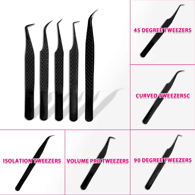 TDANCE Lash Tweezers for Eyelash Extensions, Diamond Grip 45 Degree Fiber Tip Lash Tweezers, Stainless Steel Lash Extension Tweezers(Black-04) Black-04