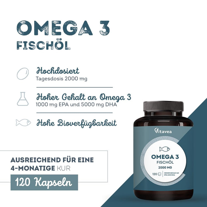 [Australia] - Omega 3 wild fish oil 2000 mg - 1000 mg EPA, 500 mg DHA, 120 Omega 3 capsules high dose - heart & brain function, vision - Vitavea 