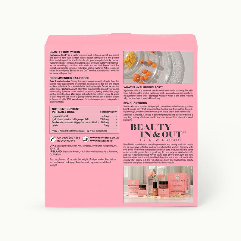 New Nordic Hyaluronic Shot with Marine Collagen Supplement to Improve Skin Elasticity & Reduce Wrinkles, Ready to Drink, Citrus Flavour, 15 Sachets Hyaluronic Shot High - 15x Marine Collagen