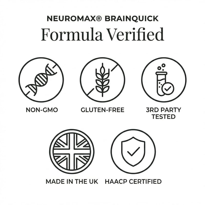 BrainQuick, Brain Support, Vegetarian Supplement 30 Capsules – Made in UK, Natural Cognitive Support for Memory, Focus, Mental Clarity with NeuroActive, Vitamin B1 B3 B5 CoQ10 DMAE and Zinc