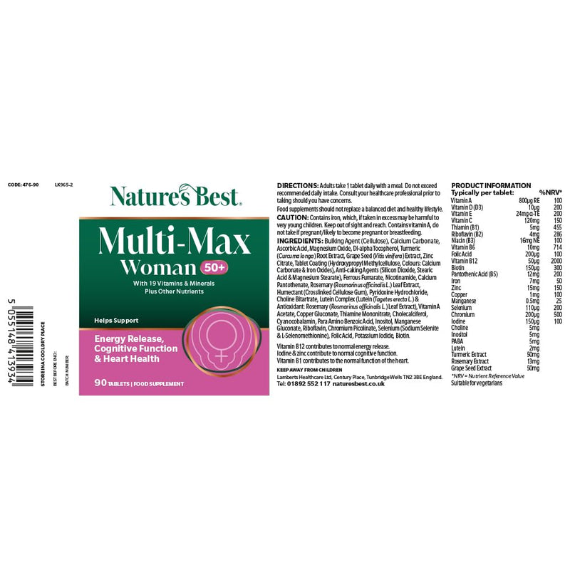 Nature's Best Multi-Max Multivitamin for Women Age 50+ - with Vitamin B6, Folic Acid, Zinc and More - UK Made - 90 Tablets (3 Months' Supply)