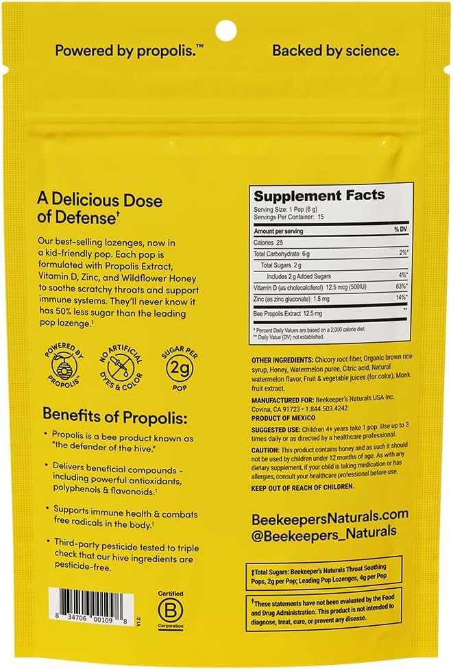 Beekeeper's Naturals Kids Throat Soothing Lollipops, Watermelon, 15 ct | Doctor Formulated Immune Support, Under 2g Sugar, Vitamin D & Honey