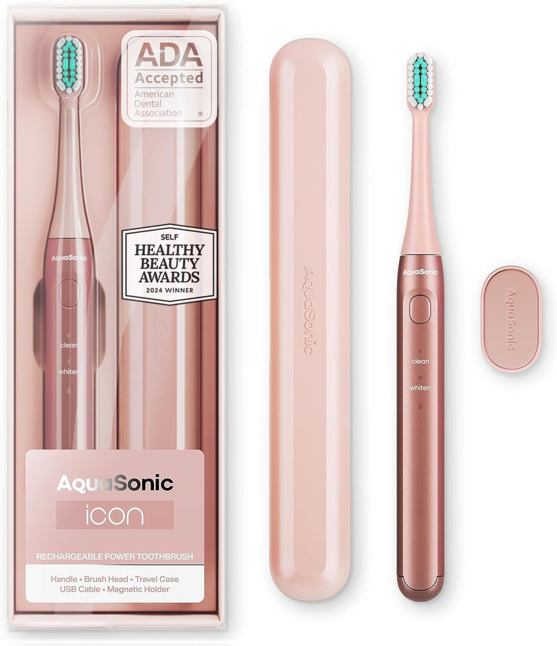 Aquasonic Icon ADA-Accepted Rechargeable Toothbrush | Magnetic Holder & Slim Travel Case | 2 Brushing Modes & Smart Timers | Gentle Micro-Vibrations (Blush) Blush 1 Count (Pack of 1)