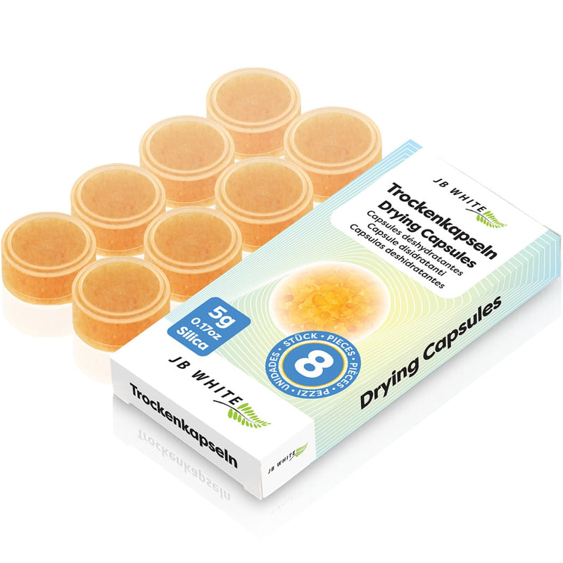 JB White 16 pcs Drying Tablets/Capsules for Hearing aids and earmolds, Orange Silica, Against Moisture, Hearing Aid Desiccant Compatible with Phonak, Cedis (16x, Color Indicator, Individually Sealed)